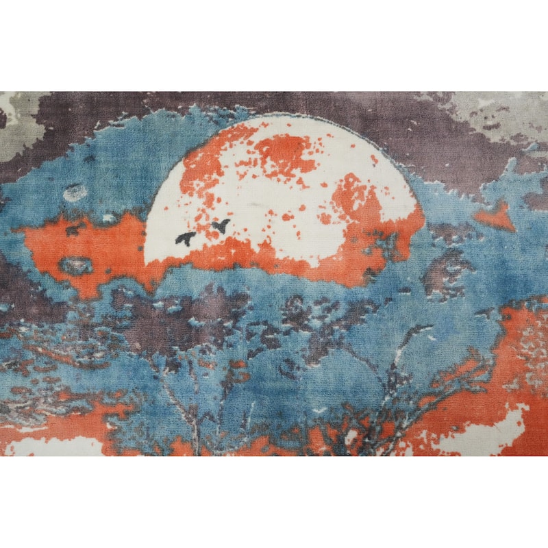 Hand Knotted Oriental Viscose Silk Carpet Modern Pictorial Multi-Colored Abstract Area Rug - 7' 3'' X 5' 2''