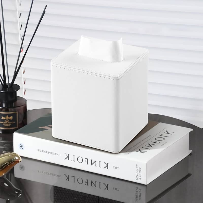 Square Tissue Box Cover - Modern Minimalist Faux Leather Tissue Holder for Bathroom, Living Room, and Office - White