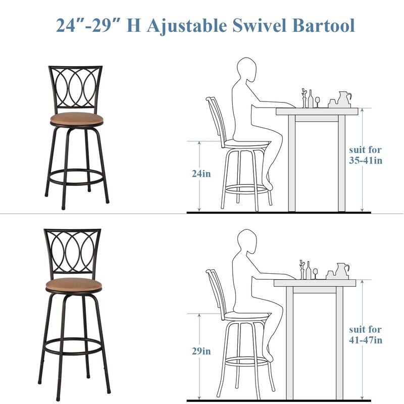VECELO 2-Pack Brown 360° Swivel Bar Stools with Scroll-back Footrest and Detachable Heel for Kitchen Counter and Living Room
