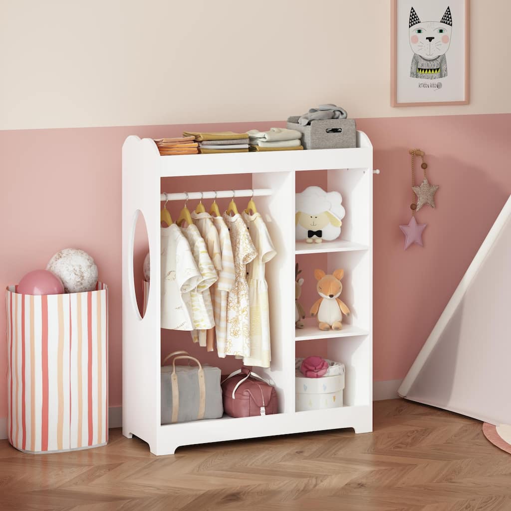Kids Dress Up Storage with Mirror and Hooks, Wooden Clothes Rack with Hanging Rod, 3 Side Hooks, Storage Shelves and Top Shelf