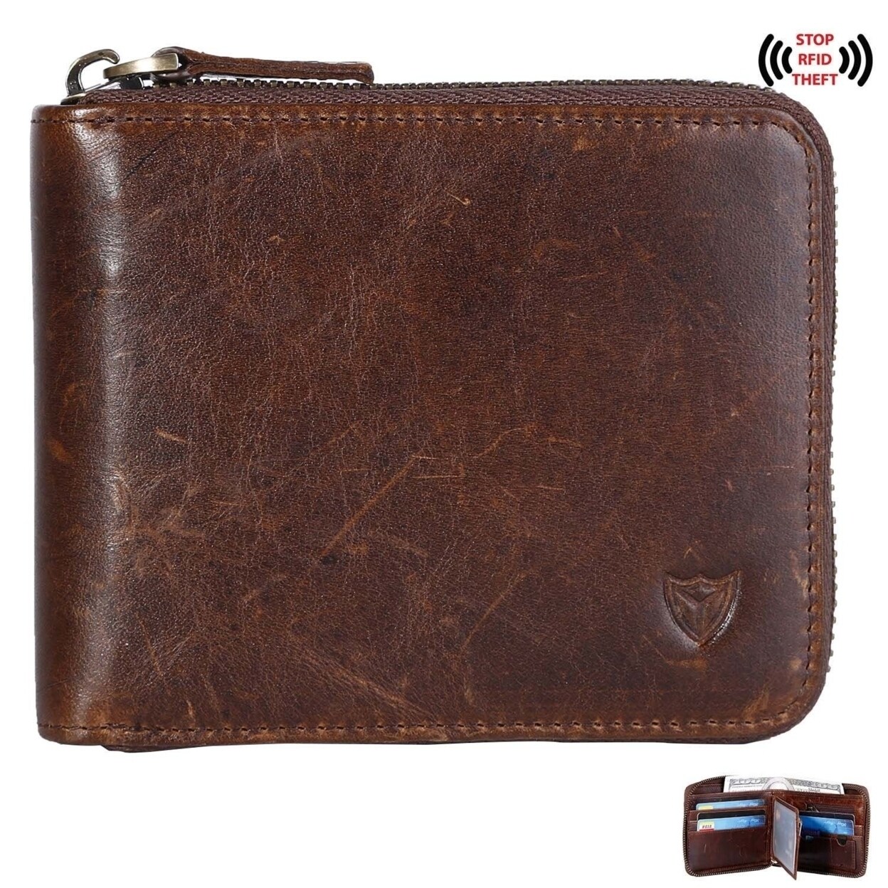 RFID Blocking Mens Leather Wallet Zip Around ID Card Window Bifold