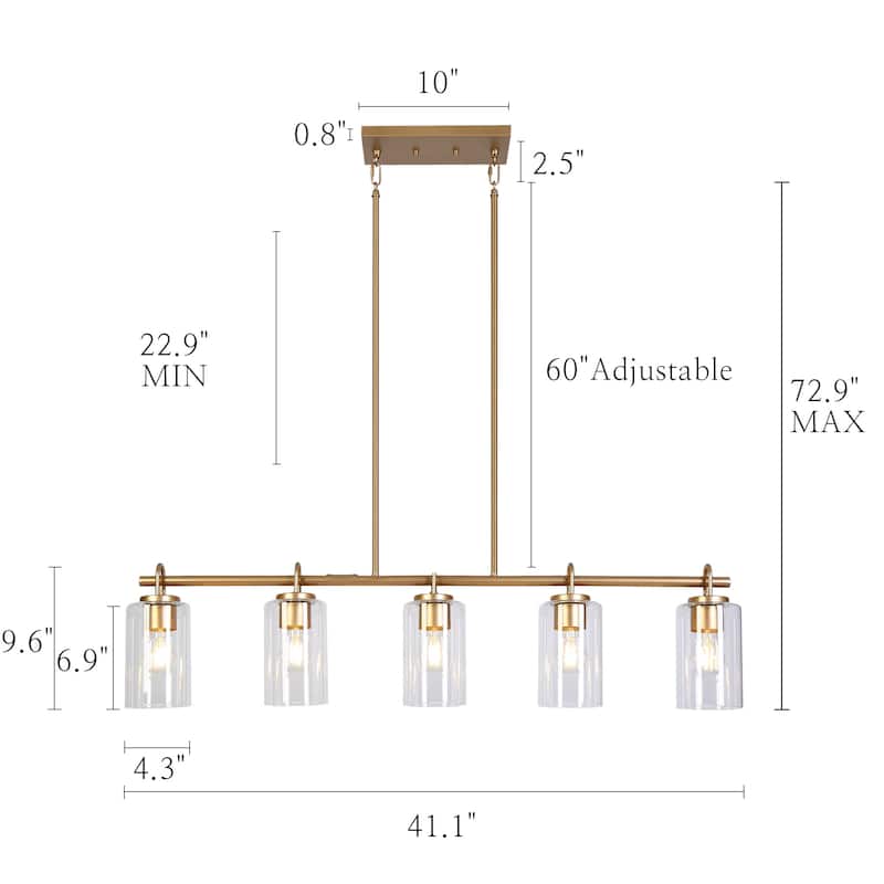 Modern Bronze Gold Linear Island Chandelier Farmhouse Dining Pendant with Cylinder Glass - 41.1"W x 4.3"D x 22.9"-72.9"H