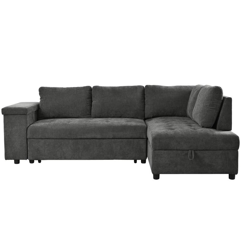 91.5" Polyester L-Shaped Sectional Sofa with Pull-Out Bed, Hidden Storage and Wide Storage Armrests