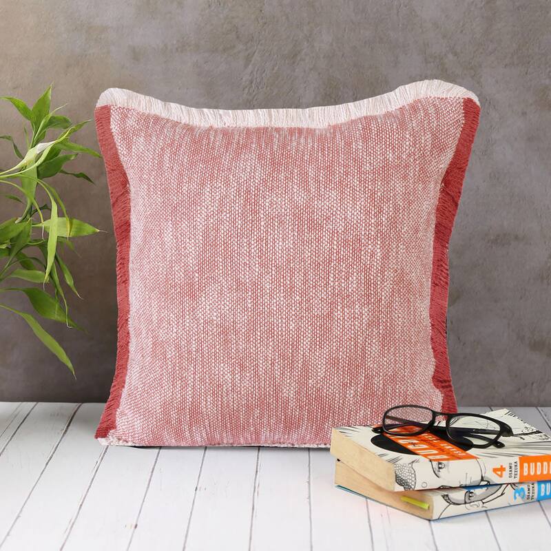 Sevita Two-Tone Cotton Fringe Throw Pillow - 20" x 20" - Polyester - Auburn Red/White