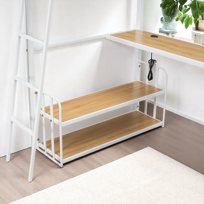 Space-Saving Loft Bed with Desk, Storage Shelves, and Charging Station - Twin/Full Size