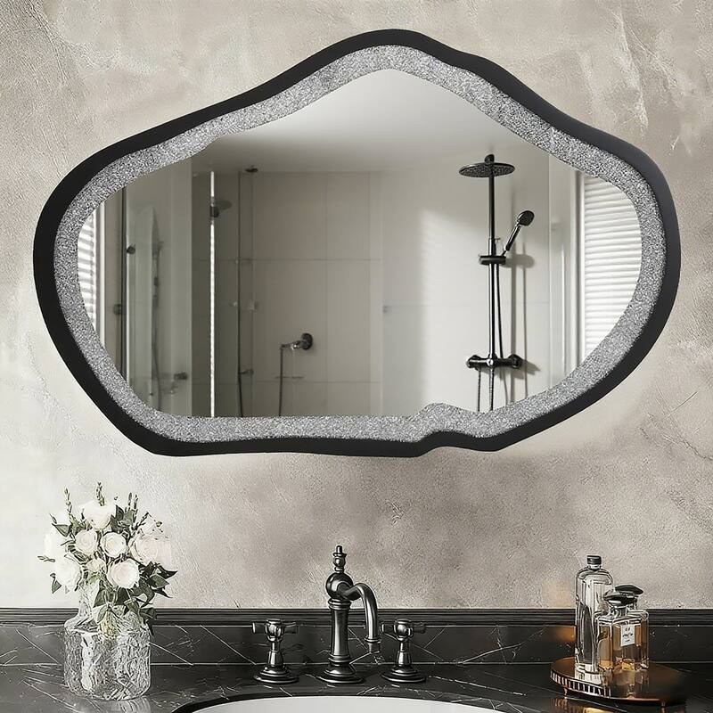 Mireve Modern Irregular Wall Mirror Asymmetrical Decorative Black Bathroom Mirror - W31.9"xD0.8"xH47.2"
