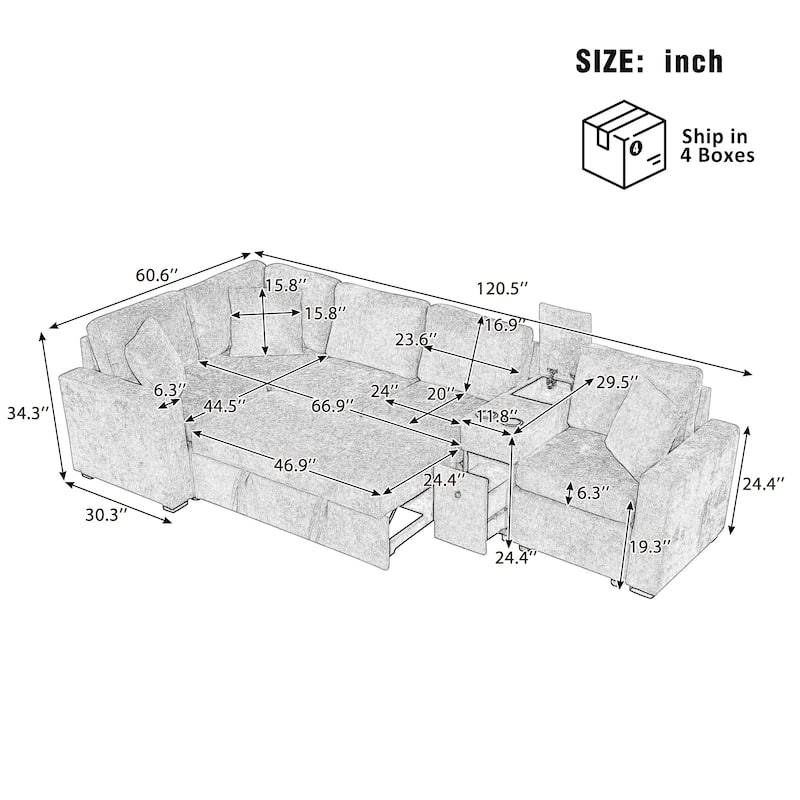 Roomfitters 120 Inch L-Shaped Sectional Sleeper Sofa with Pull-Out Bed and Cup Holders, Chenille