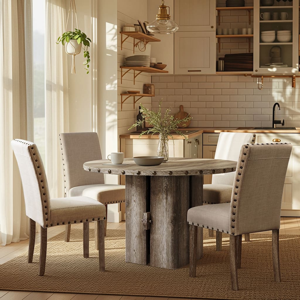 47.13" Vintage Round Dining Table with Distressed Wood and Rivets