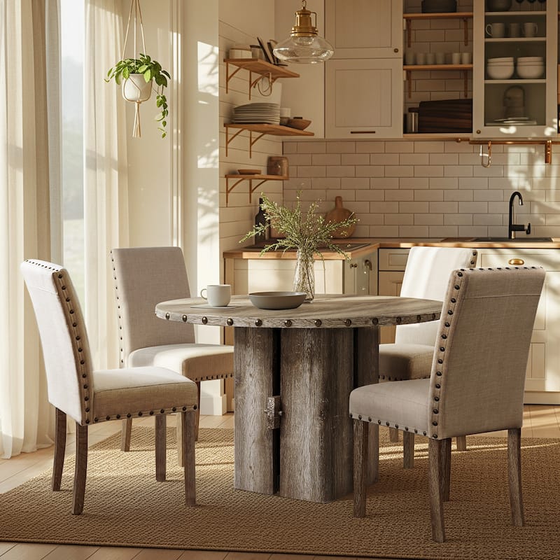 47.13" Vintage Round Dining Table with Distressed Wood and Rivets