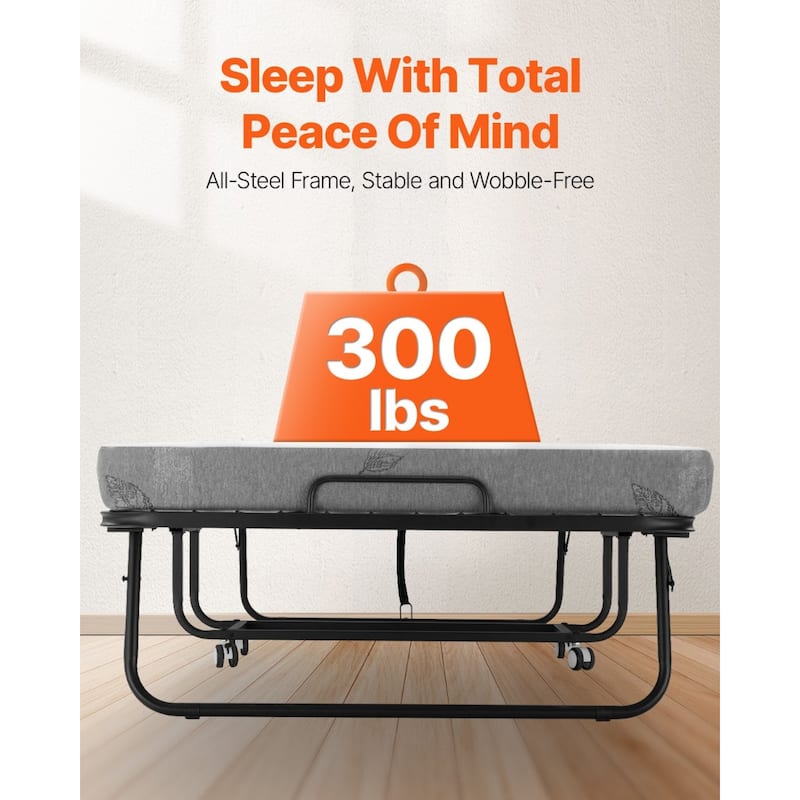 Rollaway Folding Bed with 4 Inch Foam White Mattress and Black Sturdy Steel Frame Perfect for Dorm or Guest