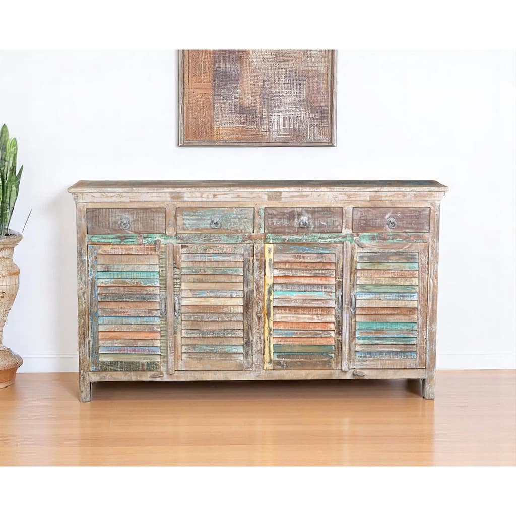 HomeRoots 72" Natural And Rainbow Reclaimed Wood Shutter Style Sideboard with Four Doors - 72.00 in. x 42.00 in. x 18.00 in.