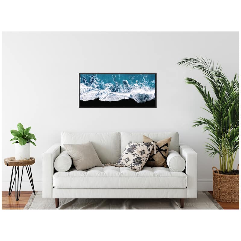 Kate and Laurel Sylvie Minimalist Ocean Waves on the Black Beach in Iceland Framed Canvas by Michael Schauer