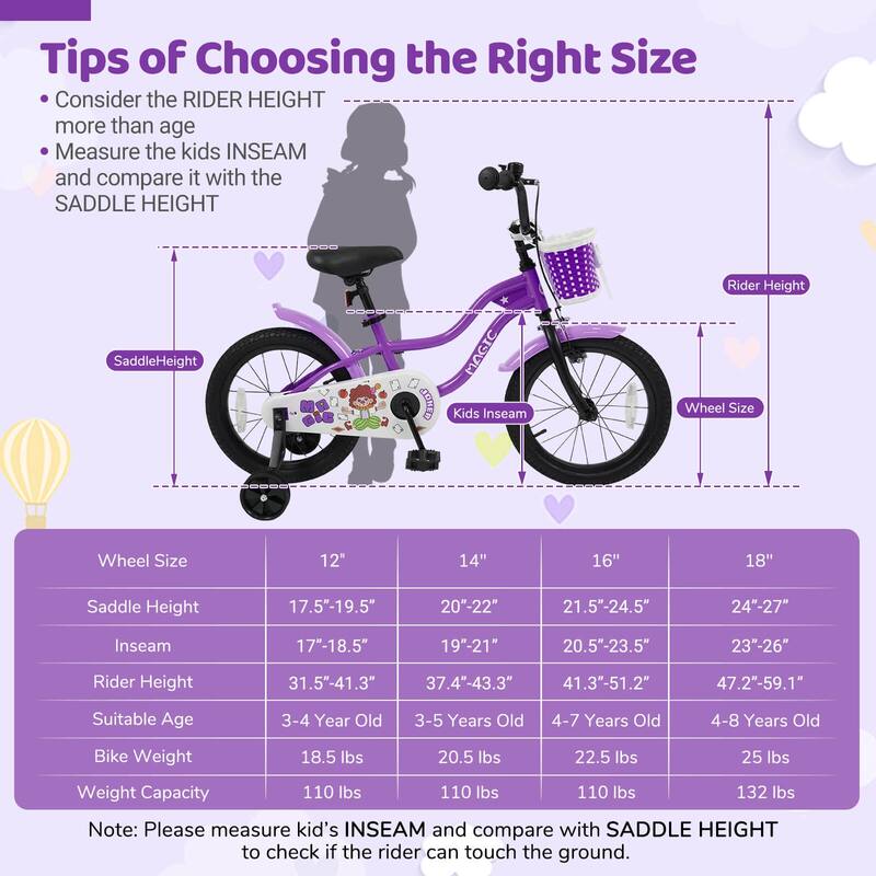 Costway 12”/14”/16”/18” Kids Bike with Training Wheels, Basket, Hand & - See Details