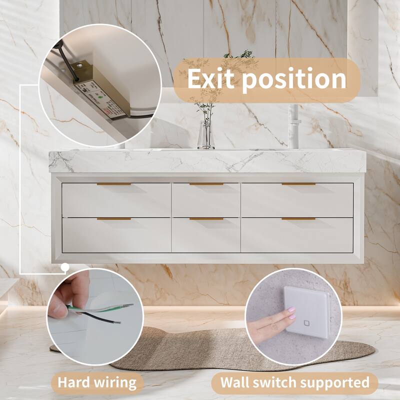 Modland 60" Modern Floating Bathroom Vanity with Double Sink, Soft-Close Drawers, White Stone Countertop