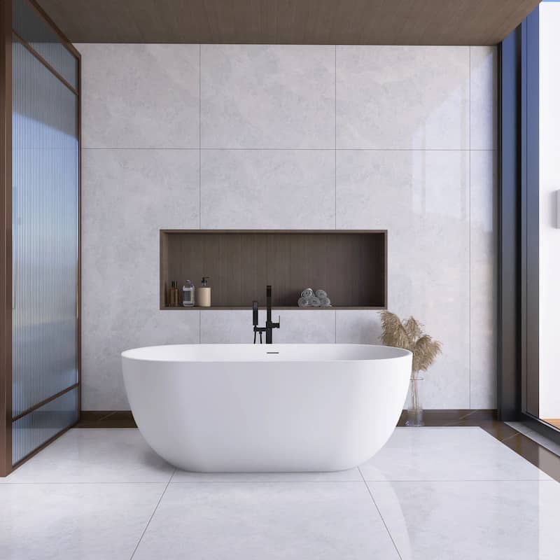 63 in. Solid Surface Freestanding Flatbottom Soaking Bathtub
