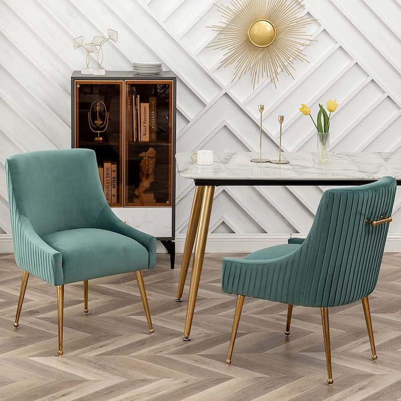 SEYNAR Modern Glam Boucle Pleated Velvet Dining Chair or Vanity Chair Set of 2 with Rear Handle