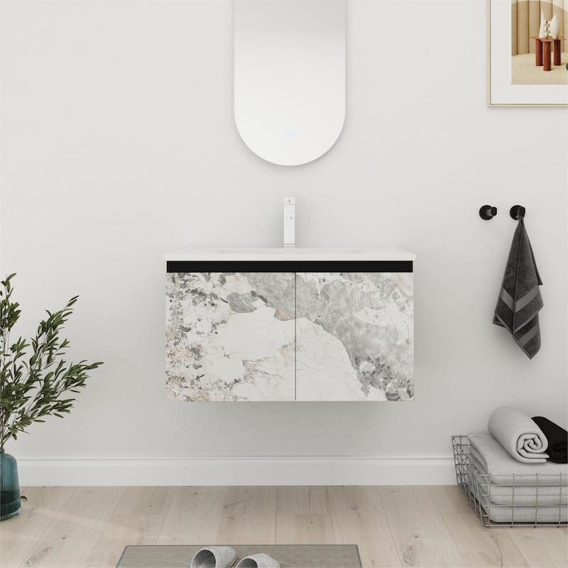 Bathroom Vanity With Sink In 24/30 Inch, Floating Bathroom Vanity with Soft Close Door - 30''W×18.3''D×17.3''H - Marbling