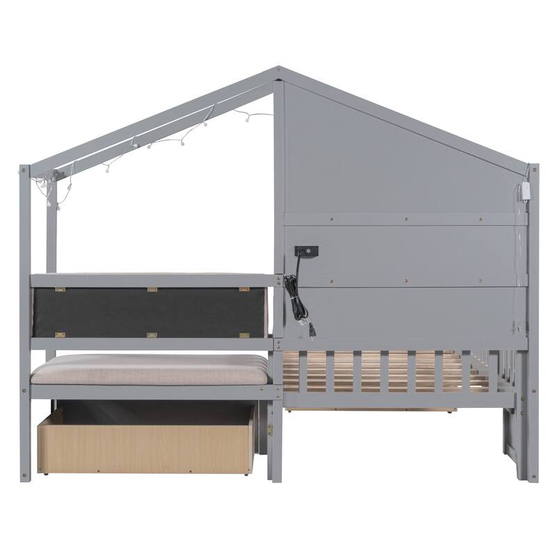 Twin Size House Bed with Upholstered Sofa, House Bed with Charging Station,Gray