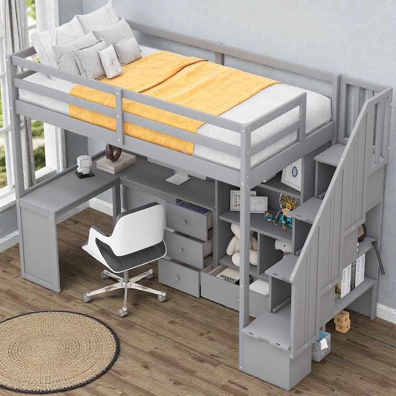 Twin Loft Bed with L Shaped Desk, Storage Stairs, Drawers and Cabinet, Space Saving Wood Loft Bed