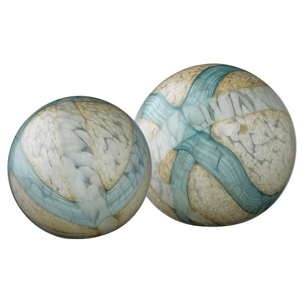 Set of 2 Ivory and Blue Cosmos Decorative Glass Balls – 9” - N/A