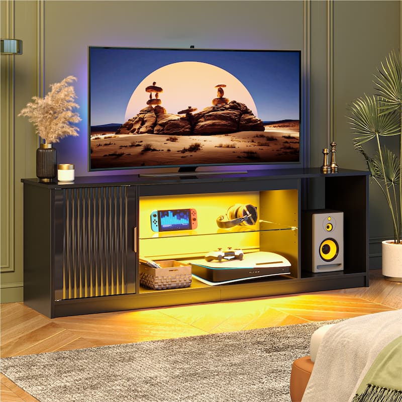 Bestier 57 in. TV Stand Fit TV Up to 65 in., LED Entertainment Center with Cabinet and Adjustable Shelf