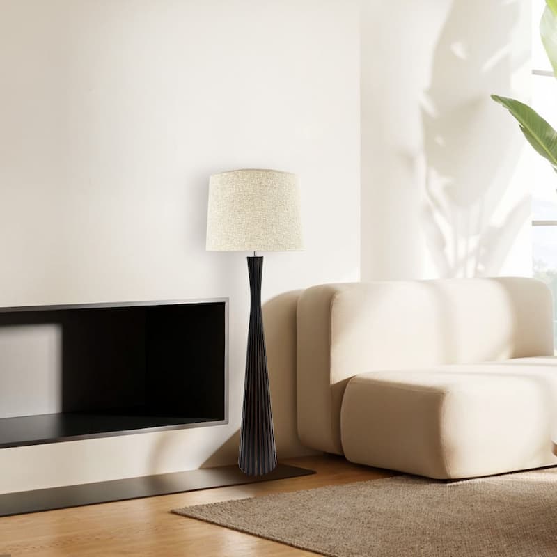 Black Fluted Resin Floor Lamp with Linen Shade Perfect for Living Room