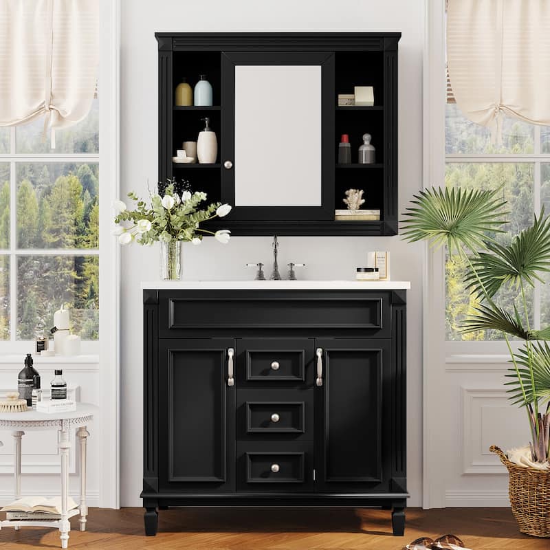 36" Bathroom Vanity with Top Sink, Black Mirror Cabinet, Modern Bathroom Storage Cabinet with 2 Soft Closing Doors - Black