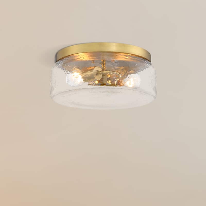 Rose Marie 13 in. 2-Light Brushed Gold Mid-Century Modern Semi Flush Mount with Clear Rippled Glass Shade for Bedrooms