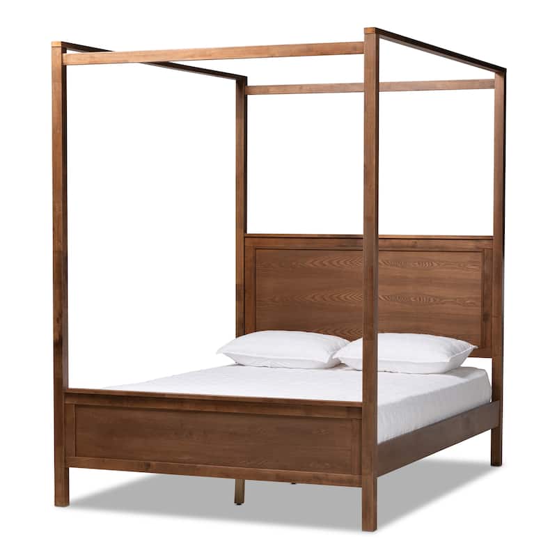 Modern Walnut Brown Wood Platform Bed - Low Profile Bed Frame for Bedroom - Sturdy Construction