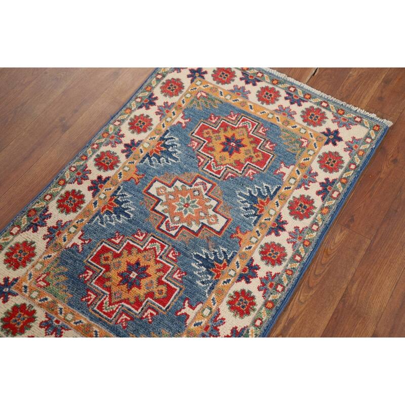 Hand Knotted Oriental 100% Wool Carpet Traditional Geometric Navy Blue & Blues Kazak Area Rug - 3' 1'' X 1' 11''