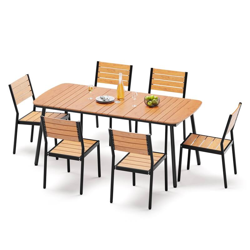 7-Piece Patio Outdoor Dining Set Aluminum Rectangle Table with Umbrella Hole and Stacking Chairs