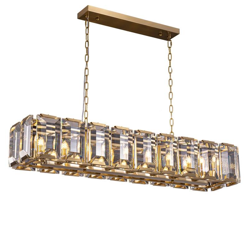 48 in. Gold Modern Crystal Chandelier 18-Light Rectangular Water Ripple Glass Chandeliers for Dining Room