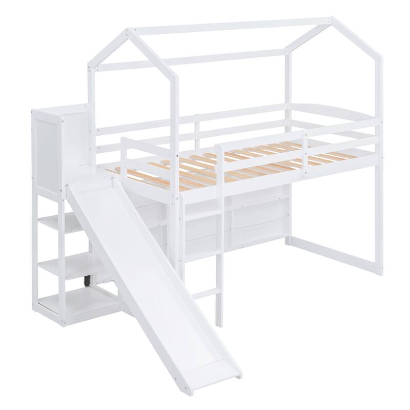 Twin House Loft Bed with Slide, Shelves, and Light for Kids