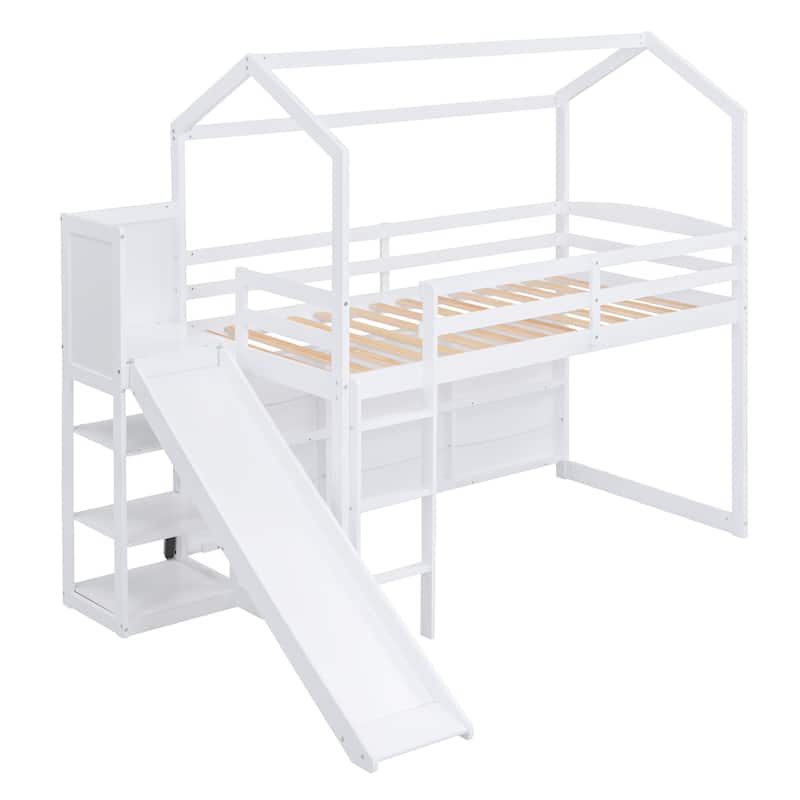 Twin Size Wood Loft Bed with Slide, Storage Shelves, and Light in White