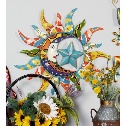 Multi Color Metal Eclectic Whimsical Celestial Sun Art Wall Sculpture