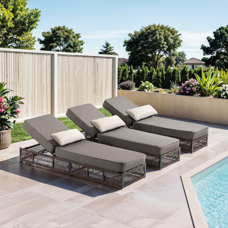 Pocassy Outdoor 5 Inch Reclining Chairs with 5 Adjustable Backrest - 3-Piece Brown Wicker Gray Cushion