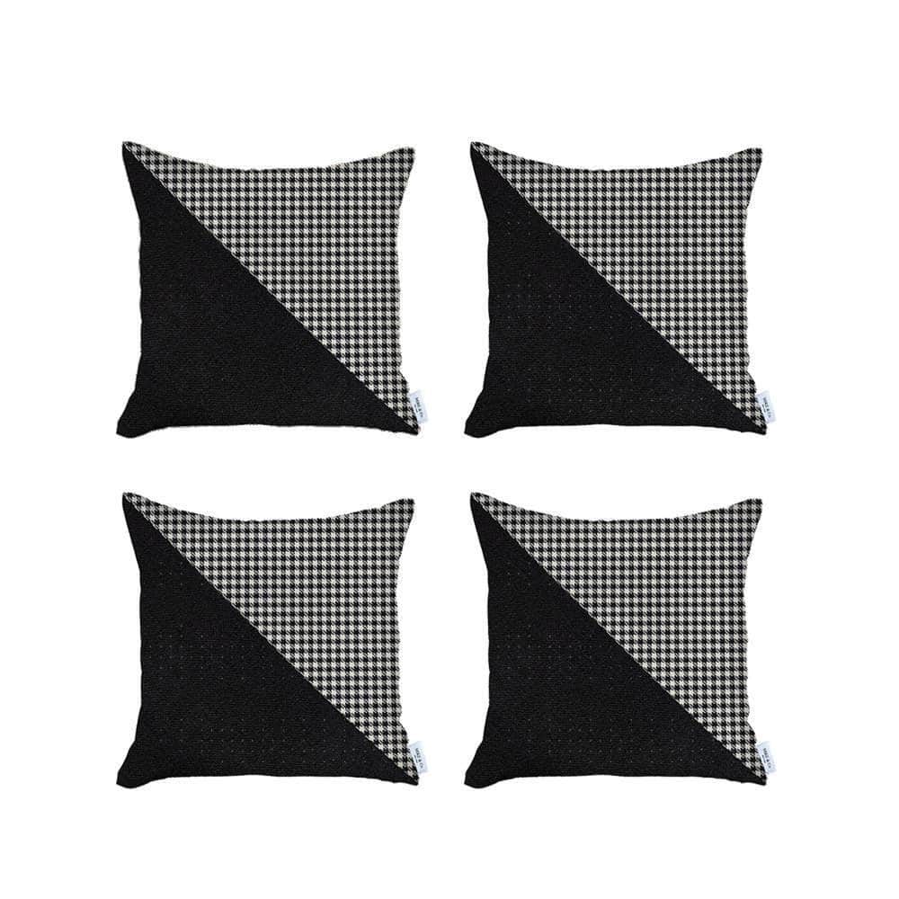 HomeRoots Set Of Four 18" X 18" Black And White Houndstooth Zippered Handmade Polyester Throw Pillow