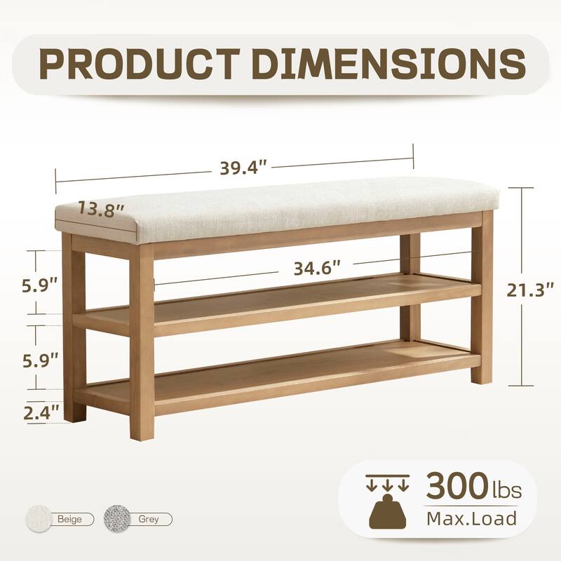 HUIMO Multi-Functional Solid Wood Bench with Storage Shelves 46in/39in - Beige - 39 in