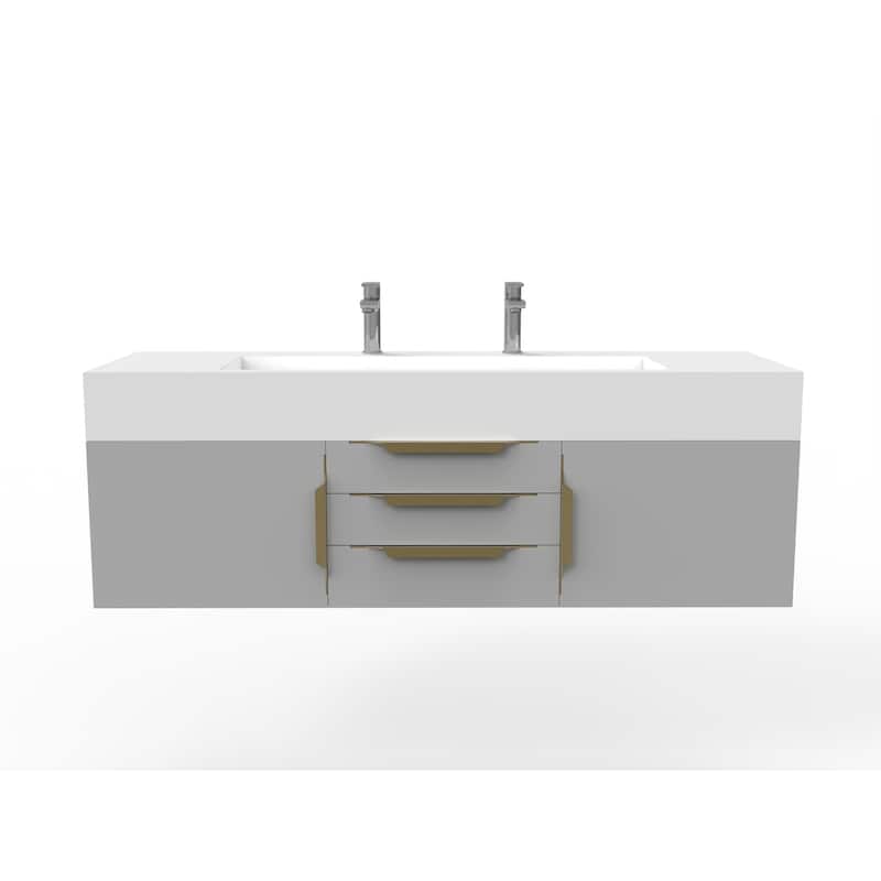 Nile 60" Wall Mounted Bathroom Vanity Set w/ White Top - Grey - Gold Finish