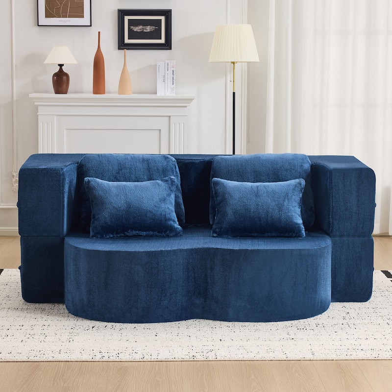 Folding Plush Futon Loveseat Couch Converts into Sleeper Sofa Bed or Yoga Mattress, High-Density Foam Queen Size Floor Bed - Blue