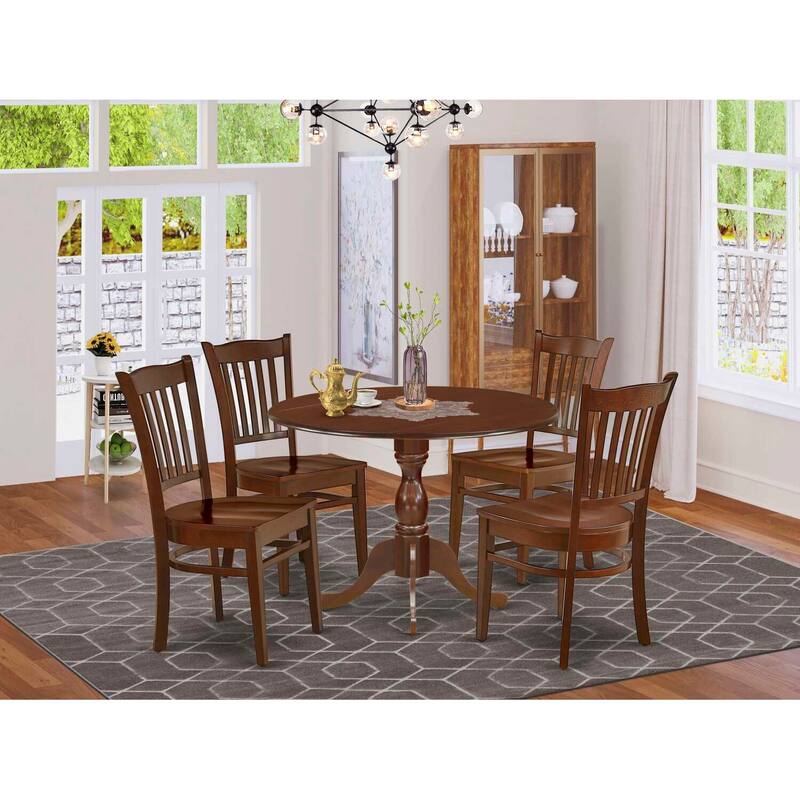 HomeStock 5-Piece Mahogany Finish Solid Wood Top Dining table with 4 Chairs with Drop Leaf Slat Back