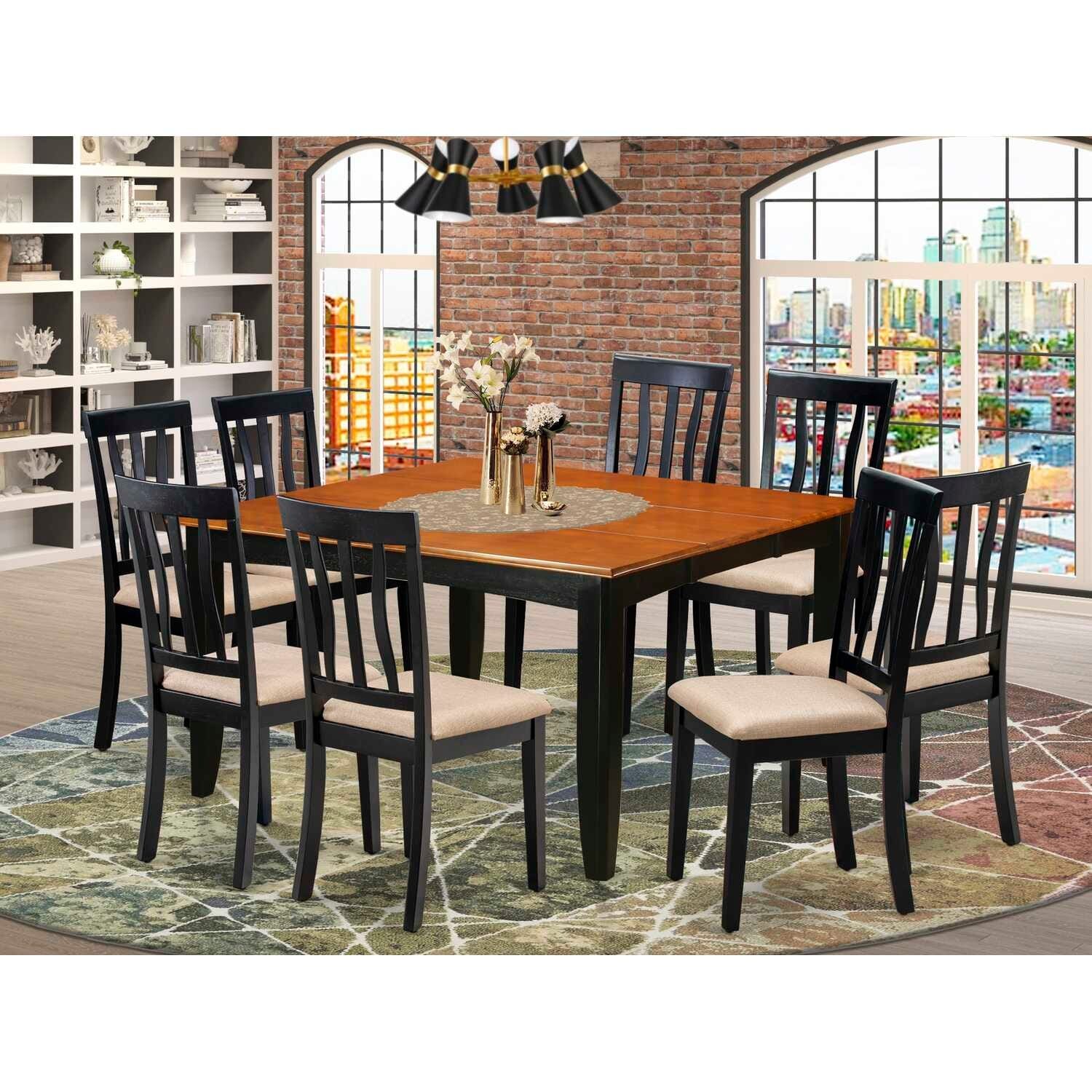 9 Piece Dining Set - Square Table with Leaf & 8 Fabric Chairs - Black Cherry Finish