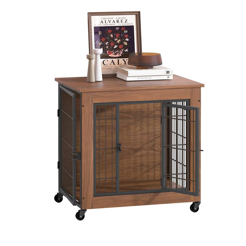 27.2" Dog Crate Furniture with Wheels for Small Dogs, Heavy Duty Dog Kennel Indoor with 2 Doors, Double-Doors Sturdy Dog Cage