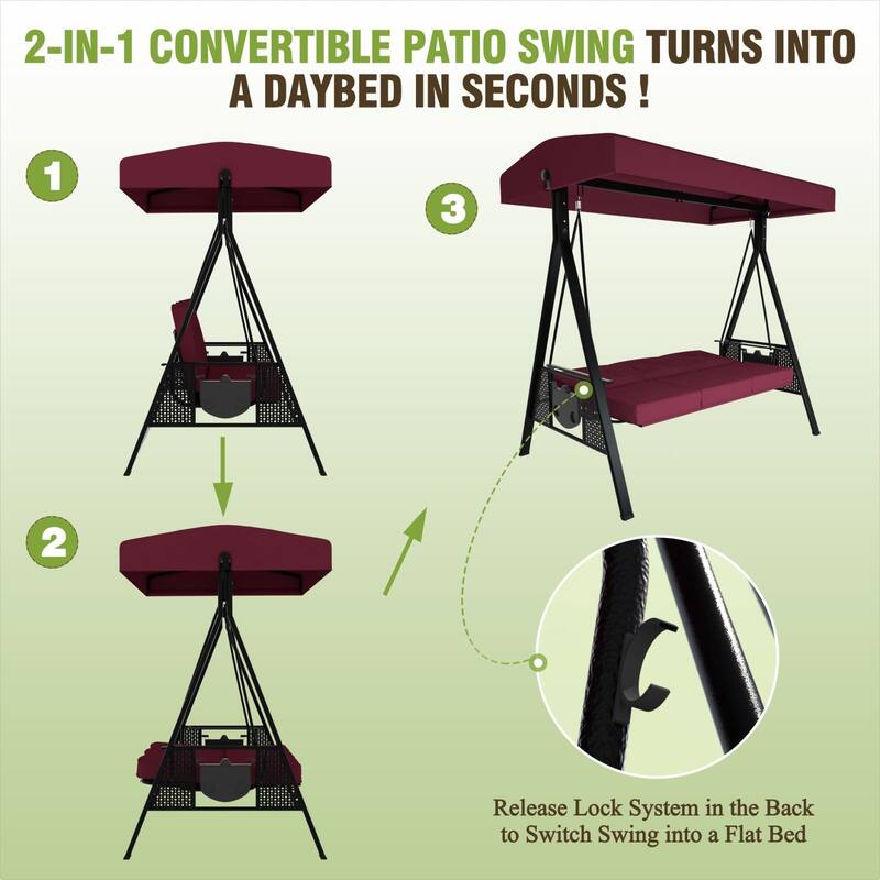 VEIKOUS 3-Seat 2-in-1 Convertible Patio Porch Swing with Adjustable Canopy Swing and Cushion