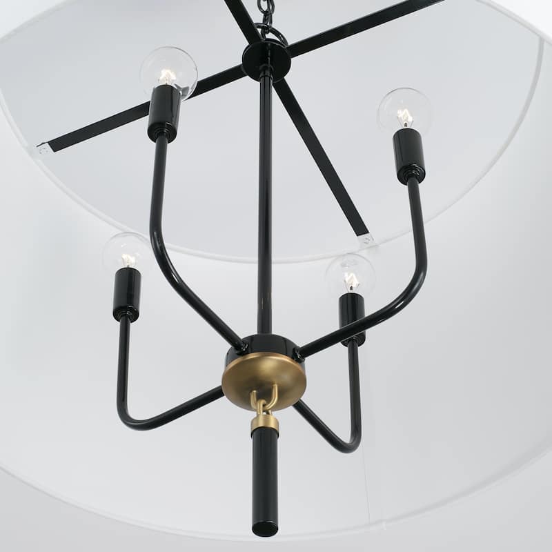 Beckham 4-light Glossy Black/ Aged Brass Drum Pendant w/ White Fabric Shade