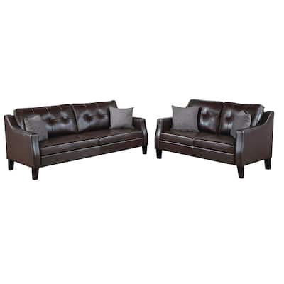 Hera 2 Piece Sofa and Loveseat Set, 4 Pillows, Classic Brown Faux Leather