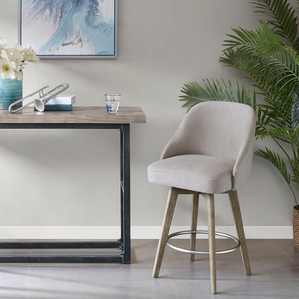 Roomfitters 26-Inch Swivel Barrel Counter Stool, Upholstered Seat with Matte Silver Footrest and Reclaimed Gray Legs, Gray