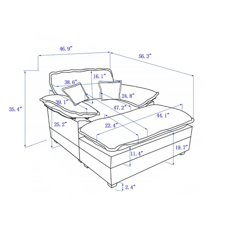 56.3 Inch Corduroy Single Deep Seat Sofa Chair With 2 Toss Pillows and a Ottoman