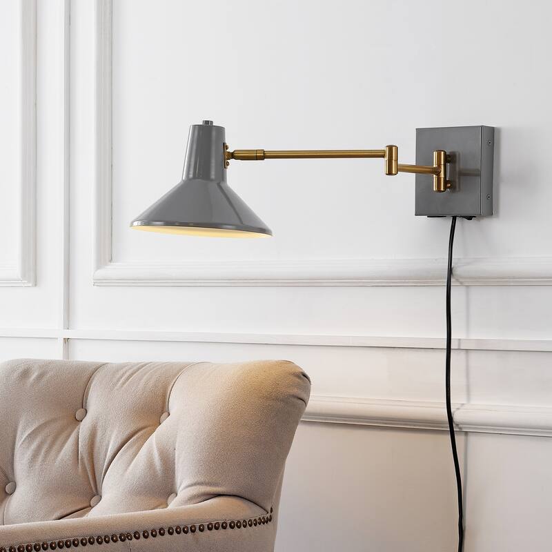 Max Swing Arm 1-Light Modern Midcentury Iron USB Charging Port LED Sconce, by JONATHAN Y - Gray