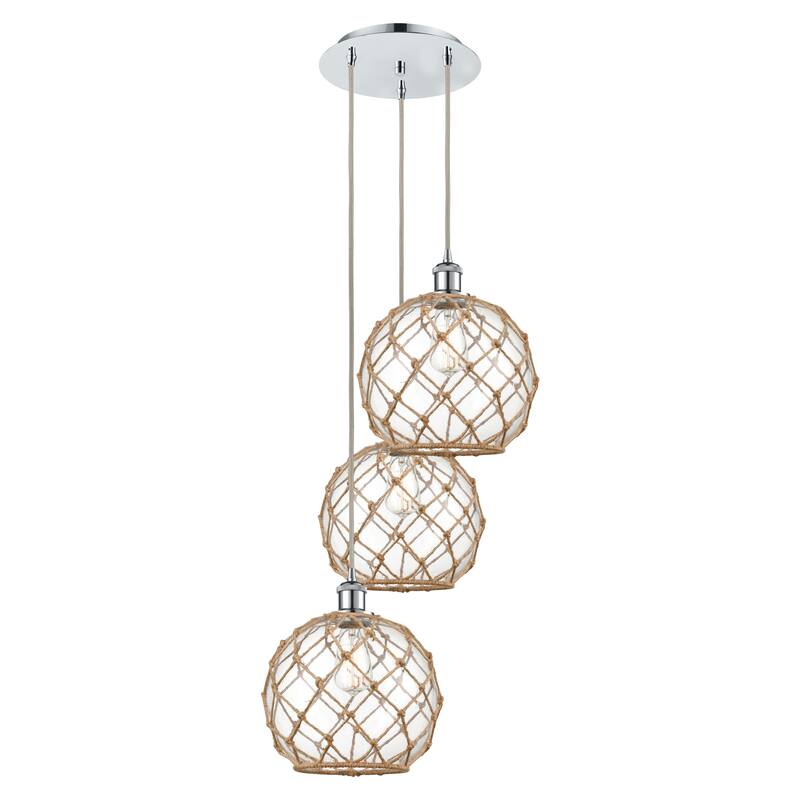 Innovations Lighting Endless Possibilities Ballston - Farmhouse Rope - 3 Light 17" Cord Hung Multi Pendant - Clear Glass with Brown Rope/Polished Chrome